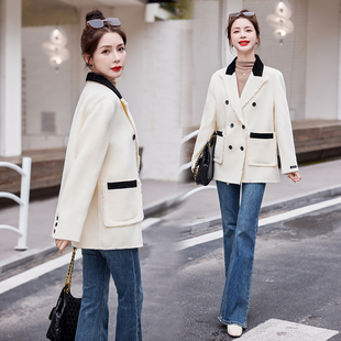 高级感以双面羊毛小香风白色毛呢西装外套女秋冬双排扣气质大衣女
