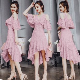 今年流行夏天裙子很仙的法国小众连衣裙法式桔梗裙粉色蕾丝长裙女
