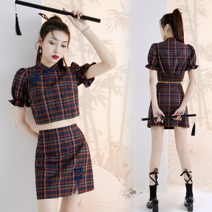 夏装新款复古民国格子新中式改良旗袍短裙两件套时尚套装女小个子