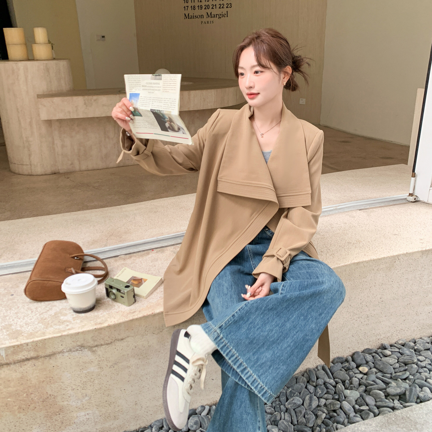 韩系卡其荷叶领中长显瘦风衣女