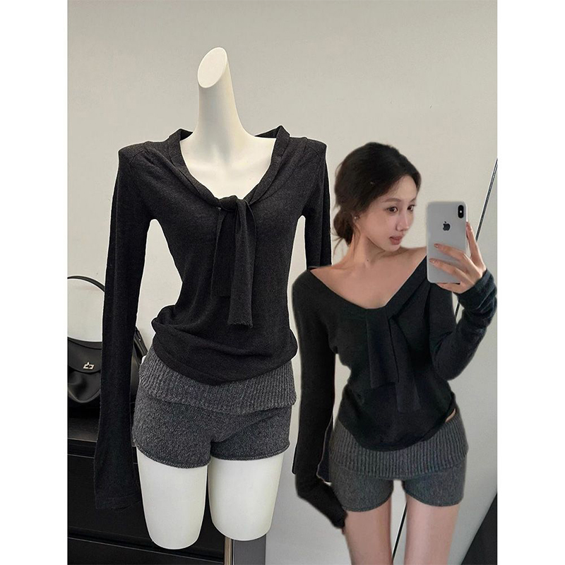 百搭长袖V领别致绑带针织衫上衣