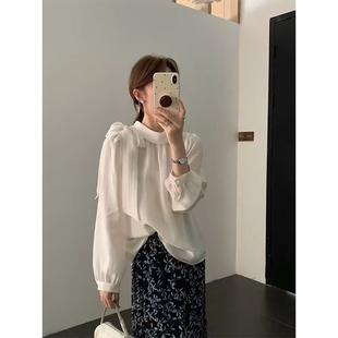 温柔风松弛感洋气甜美简约休闲百搭长袖翻领别致绑带衬衫上衣女春