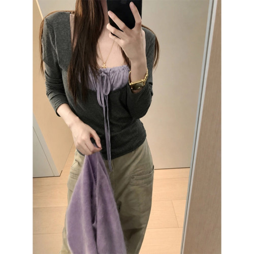 洋气辣妹风条纹假两件长袖T恤女