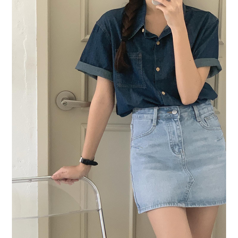 复古短袖polo领牛仔衬衫上衣女夏图片
