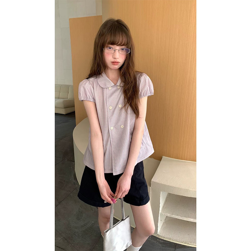 短袖娃娃领泡泡袖格子衬衫上衣女