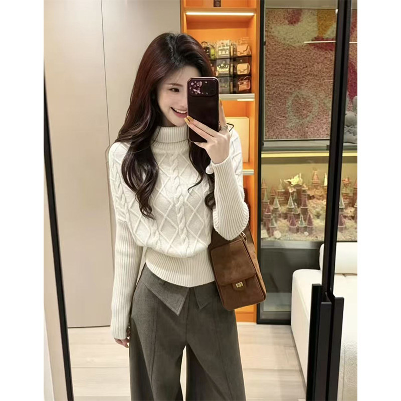 温柔风高领毛衣女秋冬高级感蝙蝠袖韩系新款麻花修身显瘦收腰上衣