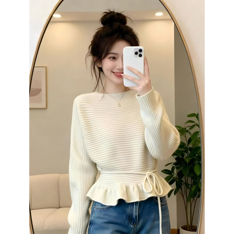 韩版松弛感洋气简约收腰绑带显瘦百搭长袖圆领荷叶边针织衫上衣女
