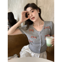 小香风洋气甜美减龄显瘦miu系短袖圆领短款蝴蝶结针织衫T恤上衣女