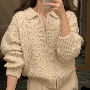 高级感洋气宽松简约百搭长袖polo领麻花拉链针织开衫毛衣外套女潮