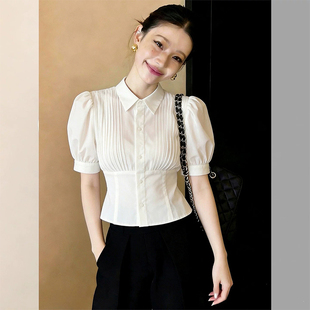 韩版高级感洋气气质甜美短袖翻领泡泡袖短款白色褶皱衬衫上衣女夏