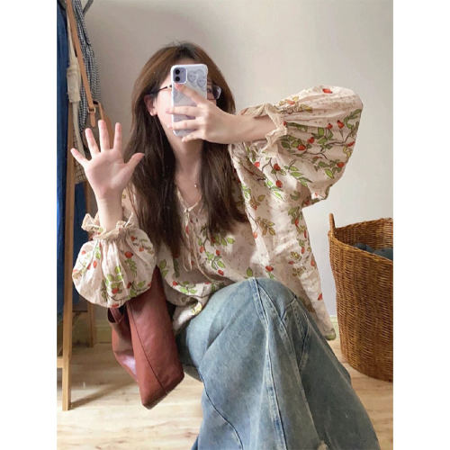 百搭长袖V领绑带碎花衬衫上衣女