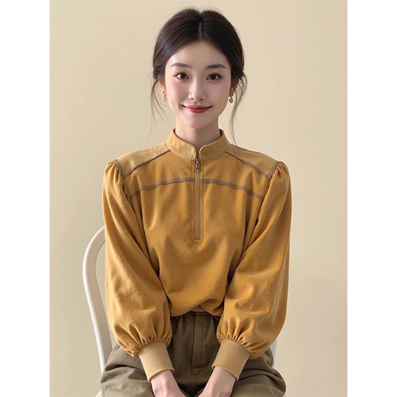 新中式国风复古黄色长袖宽松显瘦高级感立领灯笼袖内搭丝绒上衣女,女装/女士精品,衬衫,淘宝优惠券,粉丝福利购,淘宝优惠卷