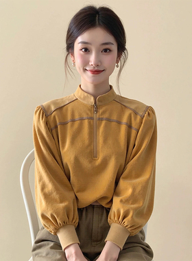 新中式国风复古黄色长袖宽松显瘦高级感立领灯笼袖内搭丝绒上衣女