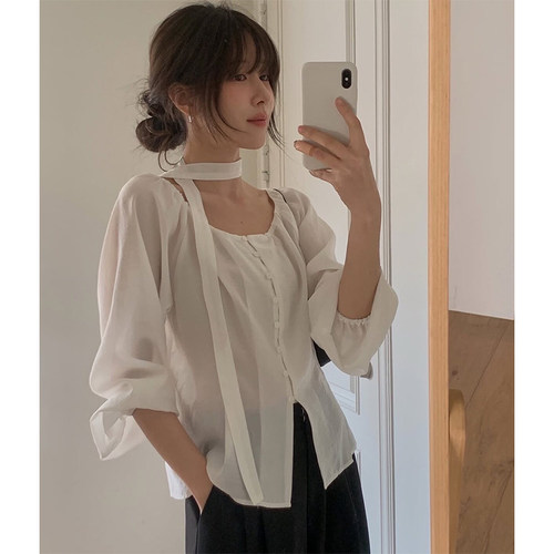 长袖圆领挂脖飘带纯色衬衫上衣女