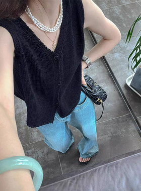 法式高级感洋气气质薄款显瘦百搭无袖V领黑色针织开衫背心上衣女