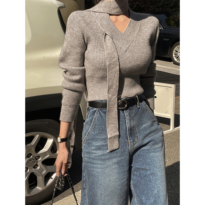 长袖V领设计感飘带软糯针织毛衣
