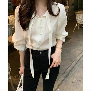 ins韩版高级感洋气简约休闲宽松百搭长袖V领别致绑带衬衫上衣女潮