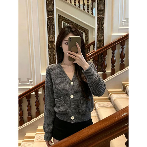 长袖V领灰色针织开衫软糯毛衣女