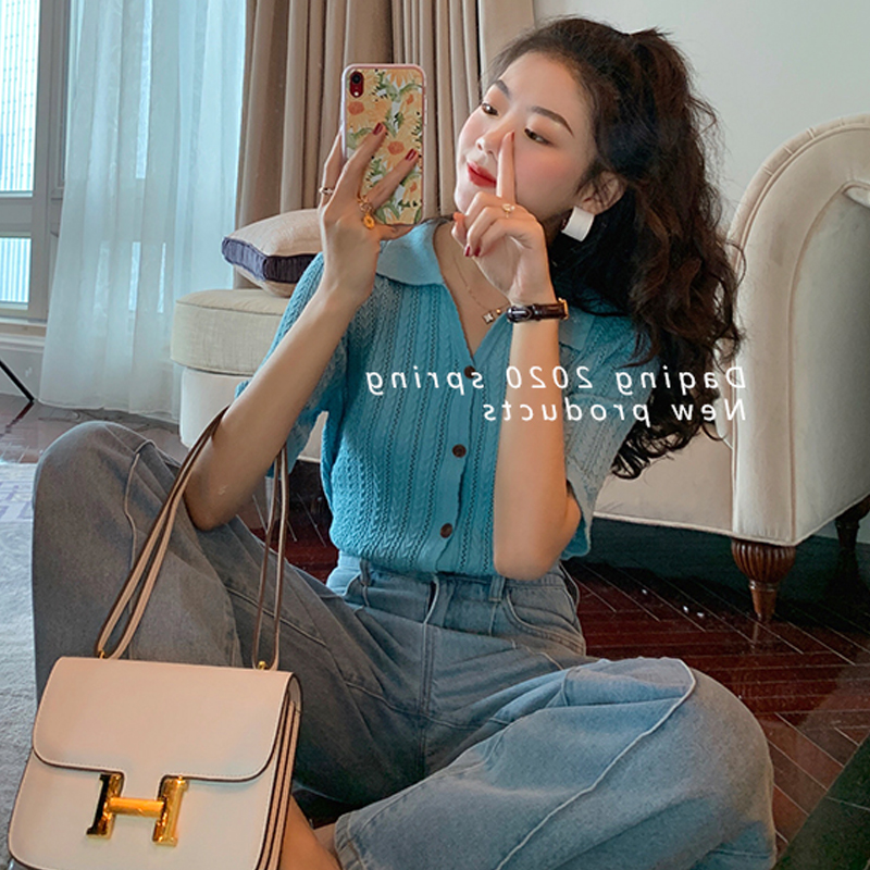 纯色百搭短袖镂空针织开衫上衣女