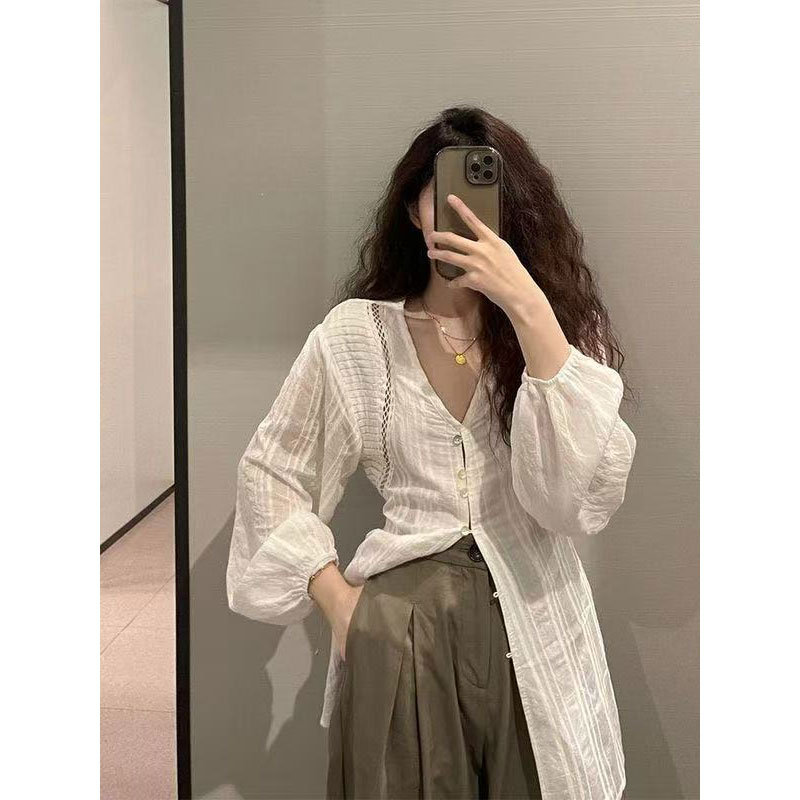 V领中长款防晒罩衫衬衫上衣女春