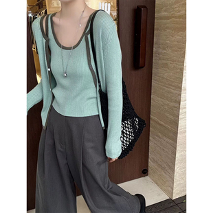 温柔风洋气松弛感简约长袖圆领撞色针织开衫内搭吊带背心两件套女
