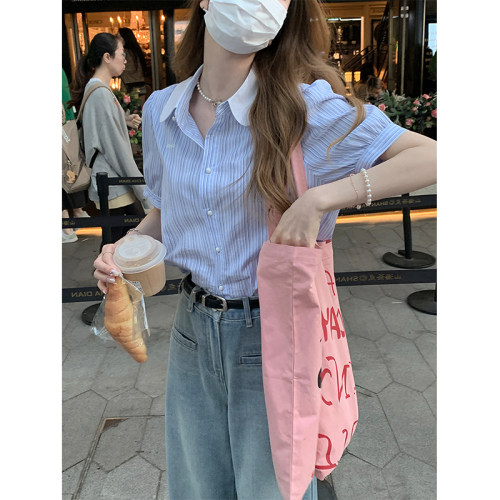 短袖娃娃领泡泡袖蓝白条纹衬衫女