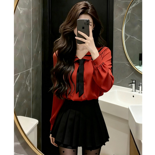 韩版氛围感学院风洋气简约休闲百搭长袖撞色海军领绑带衬衫上衣女