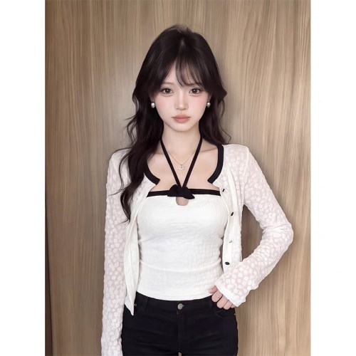 蝴蝶结挂脖背心长袖开衫两件套女