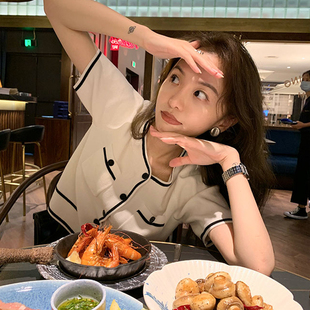 ins小香风复古洋气宽松百搭短袖 T恤上衣女 撞色圆领短款 冰丝针织衫