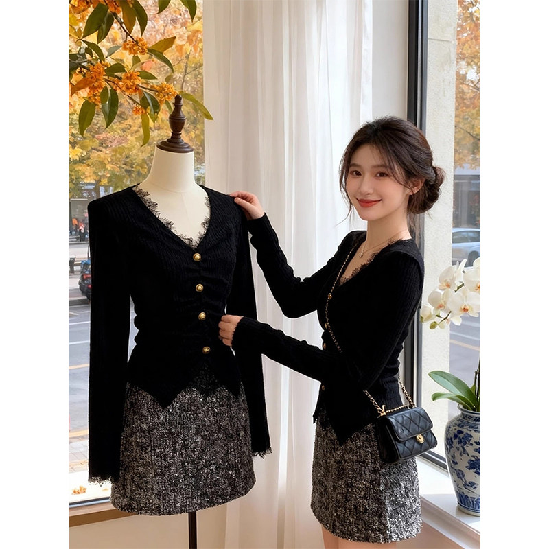 小香风高级感洋气气质显瘦百搭长袖V领蕾丝拼接黑色衬衫上衣女潮,女装/女士精品,衬衫,淘宝优惠券,粉丝福利购,淘宝优惠卷