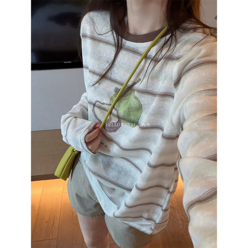 长袖圆领印花撞色条纹防晒T恤女