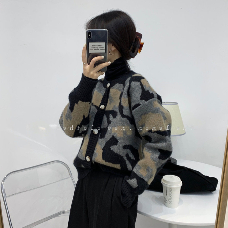 长袖圆领软糯豹纹针织开衫毛衣女