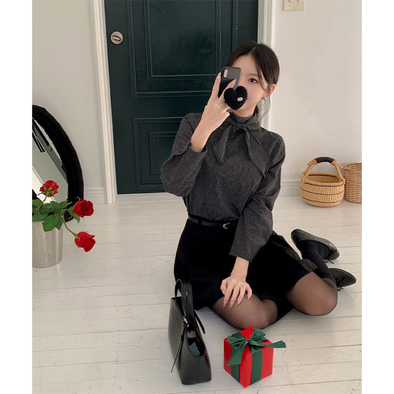 长袖立领别致绑带蝴蝶结格子衬衫