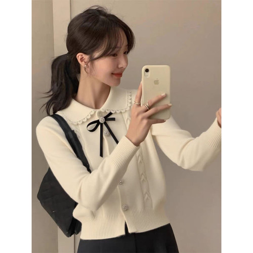 长袖翻领蕾丝拼接蝴蝶结针织衫女