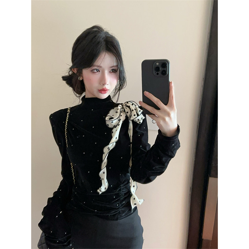 半高领别致绑带波点丝绒衬衫上衣