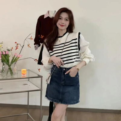 泡泡袖条纹拼接假两件针织衫上衣