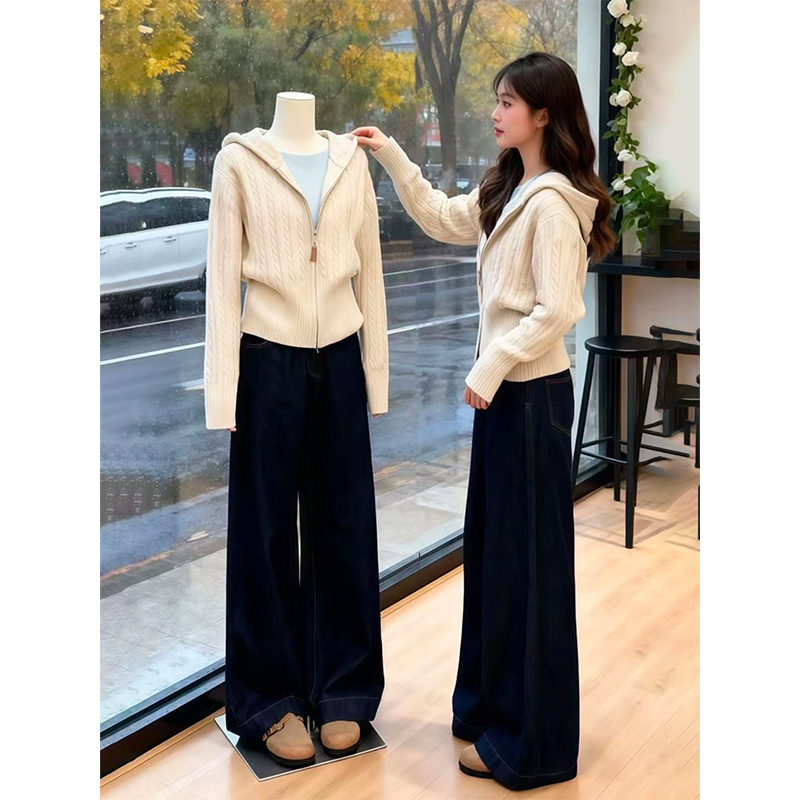 连帽软糯拉链针织开衫麻花毛衣女