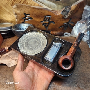 手工高档金丝楠木阴沉乌木醒草盘烟斗架实木一体铜鎏银烟斗操作盘