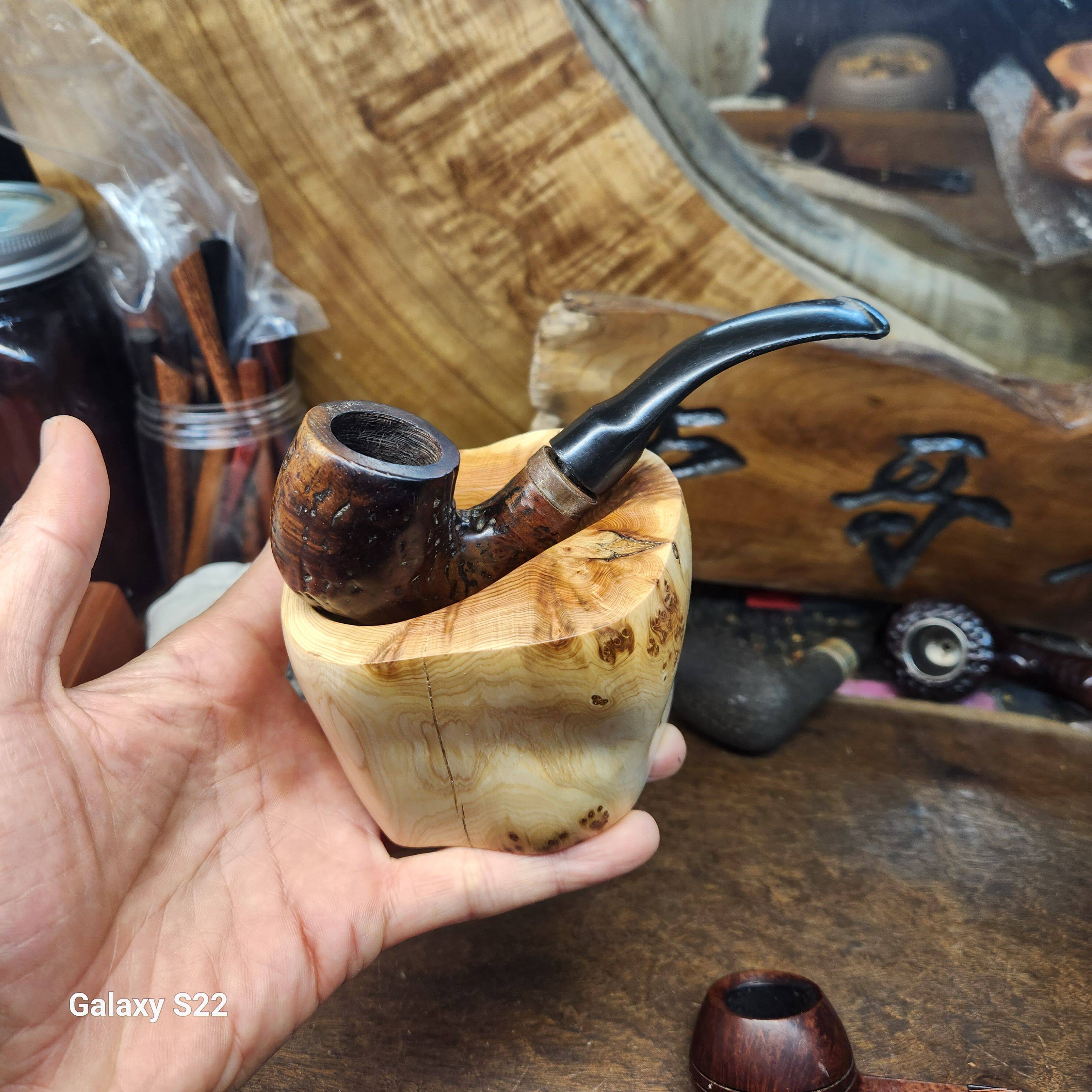 双面用大小号通用烟斗架手工随形带瘤花太行崖柏直弯斗烟斗座架托