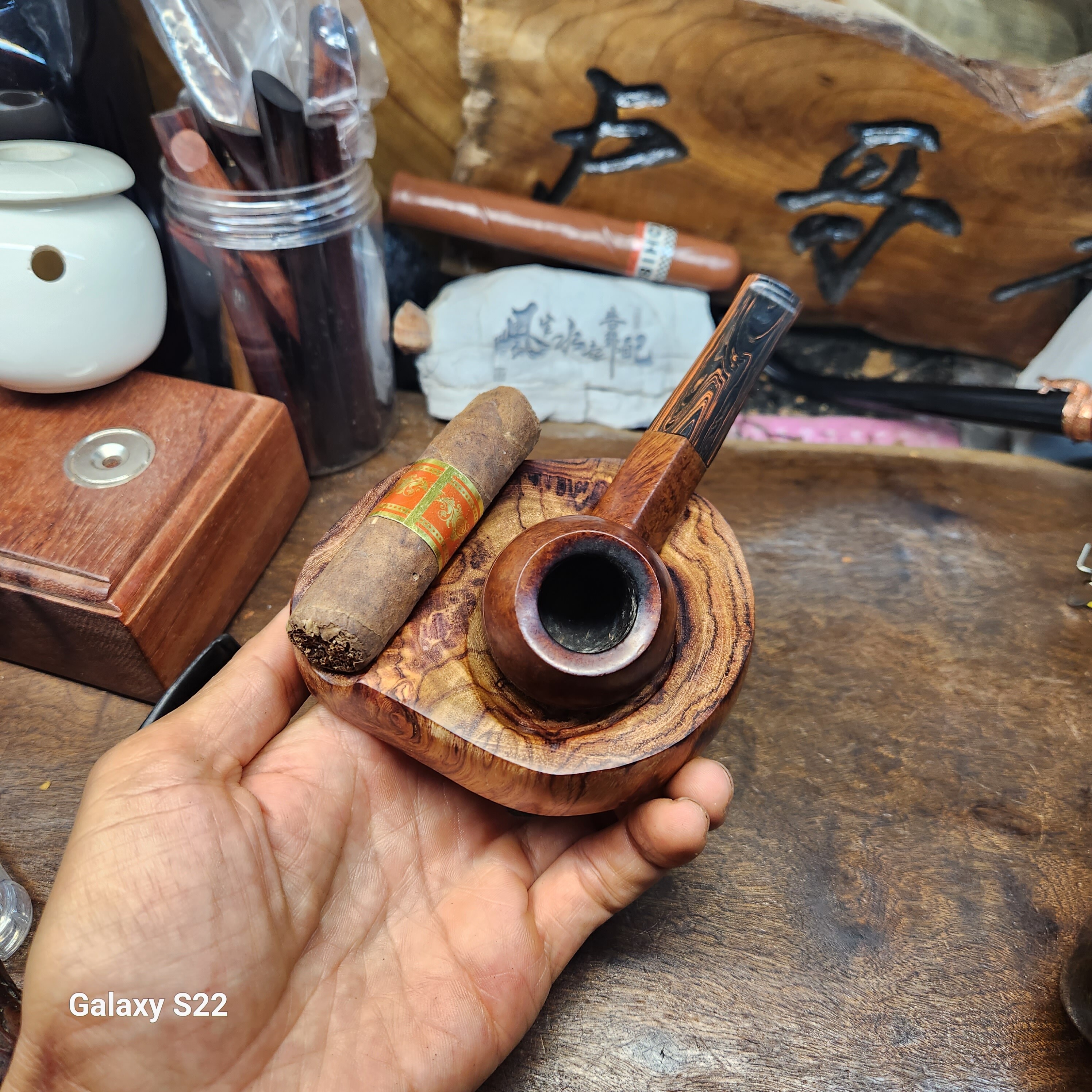 手工便携海南黄花梨单位烟斗架雪茄托两用紫油梨直弯斗烟斗座托架
