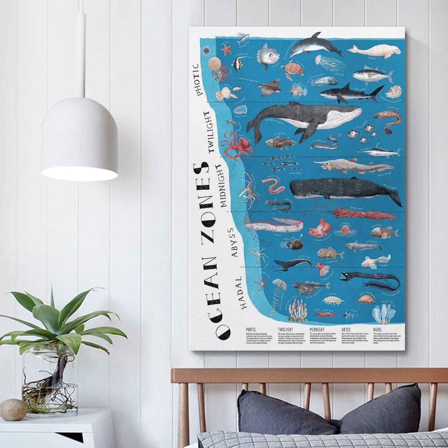 动物海洋世界系列科普画英语教室布置英文鱼类鲸鱼鲨鱼海报画芯