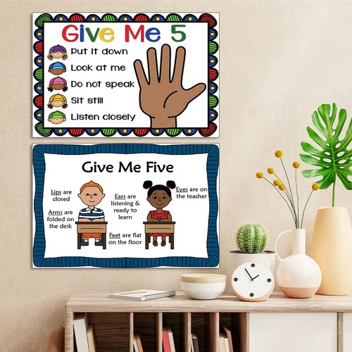give me five英语教室墙面装饰海报classroom rules培训布置墙贴