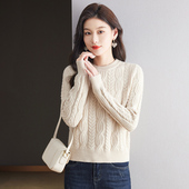 宽松洋气麻花圆领套头打底衫 新款 上衣 针织毛衣女秋冬季 设计感短款