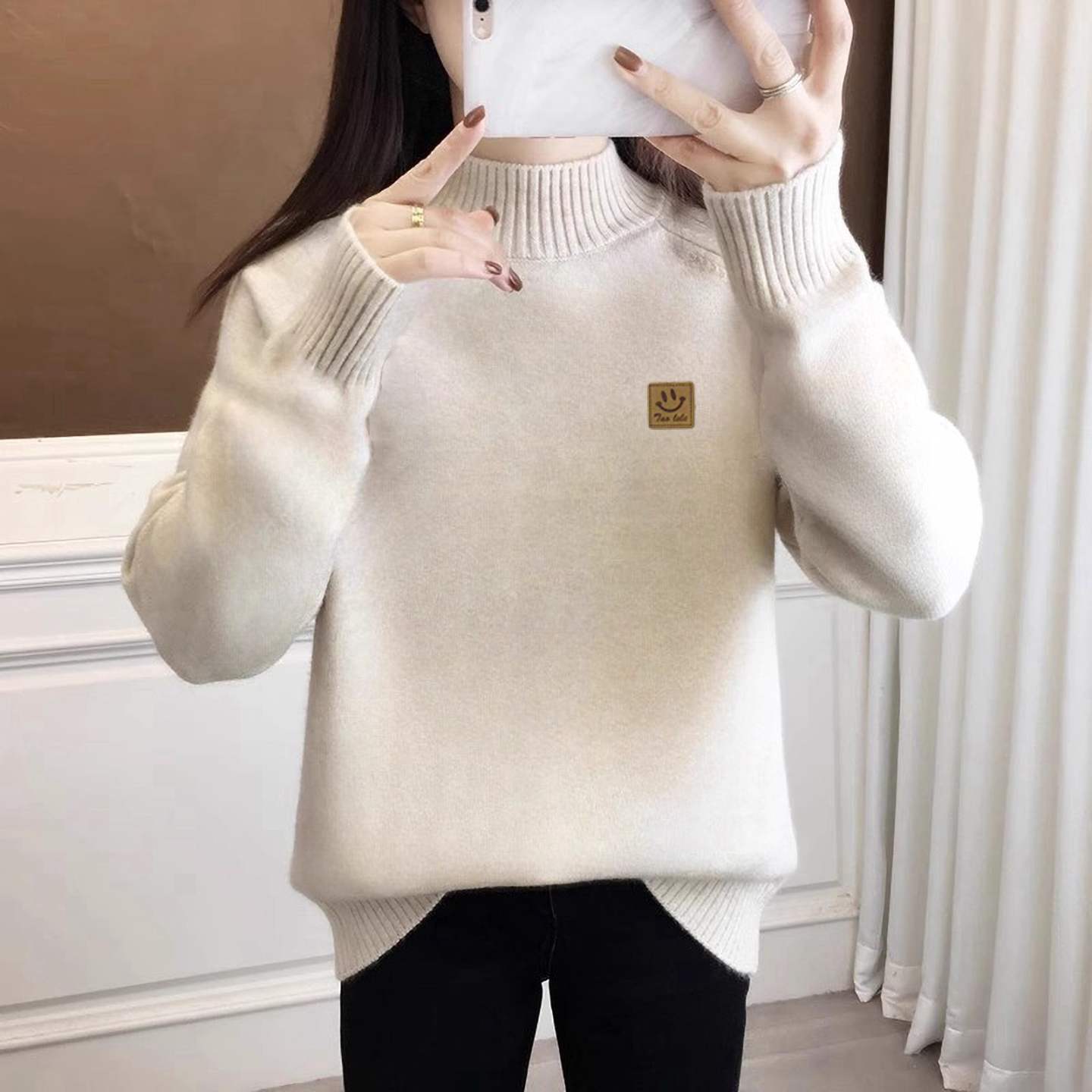 休闲百搭宽松半高领套头打底毛衣