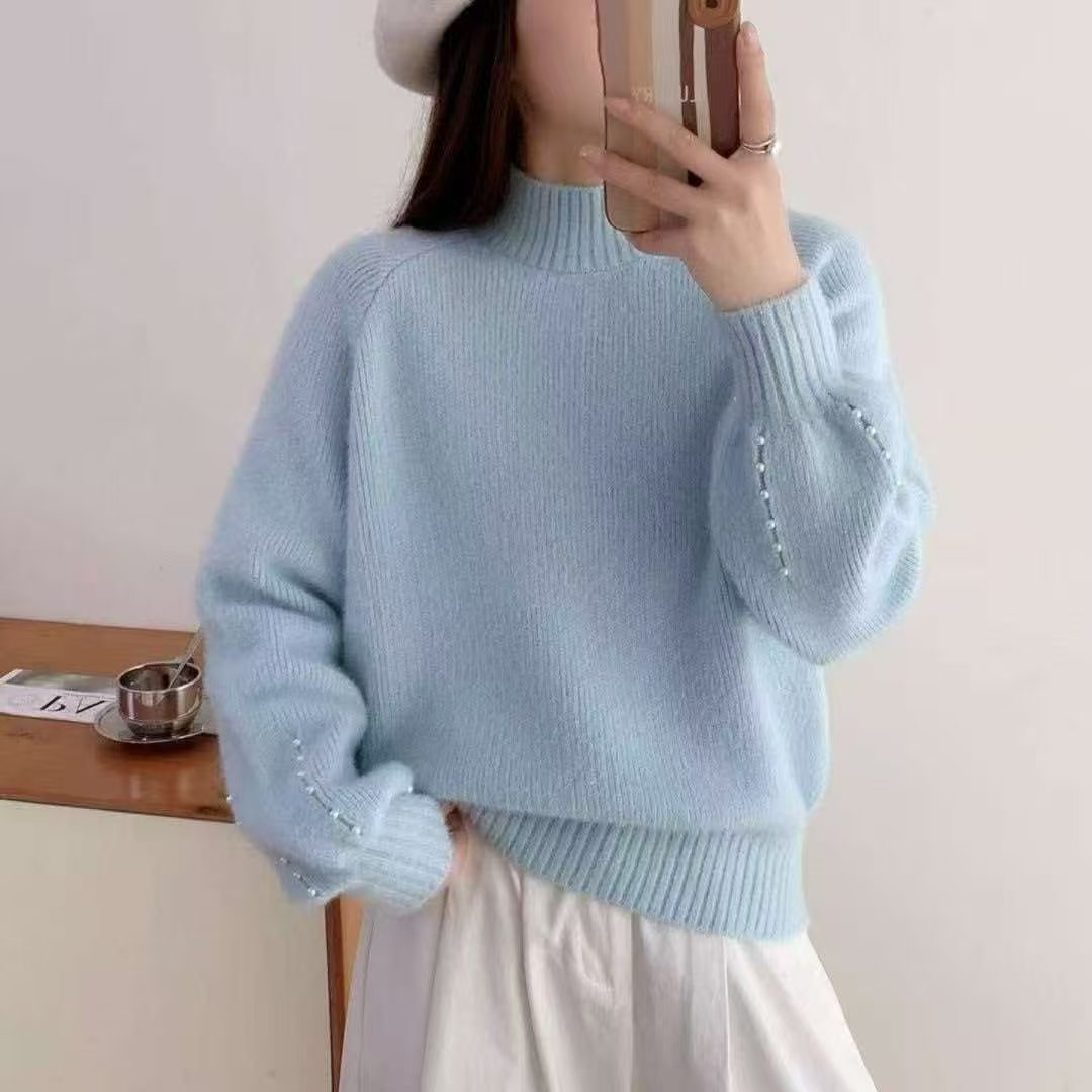 慵懒风半高领毛衣女秋冬季新款灯笼袖钉珠宽松显瘦针织打底衫上衣