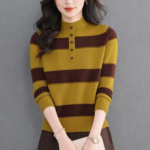 复古条纹半高领毛衣女秋冬季新款宽松百搭时尚保暖上衣针织打底衫