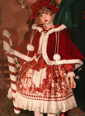 原创【甜熊礼物屋】甜系lolita 长袖OP斗篷抽带小熊柄 新年秋冬