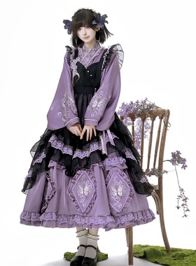 原创设计【蝴蝶兰园】Lolita洛丽塔op连衣裙围裙汉洋折衷套装