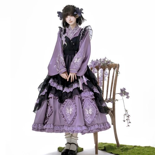 原创设计【蝴蝶兰园】Lolita洛丽塔op连衣裙围裙汉洋折衷套装