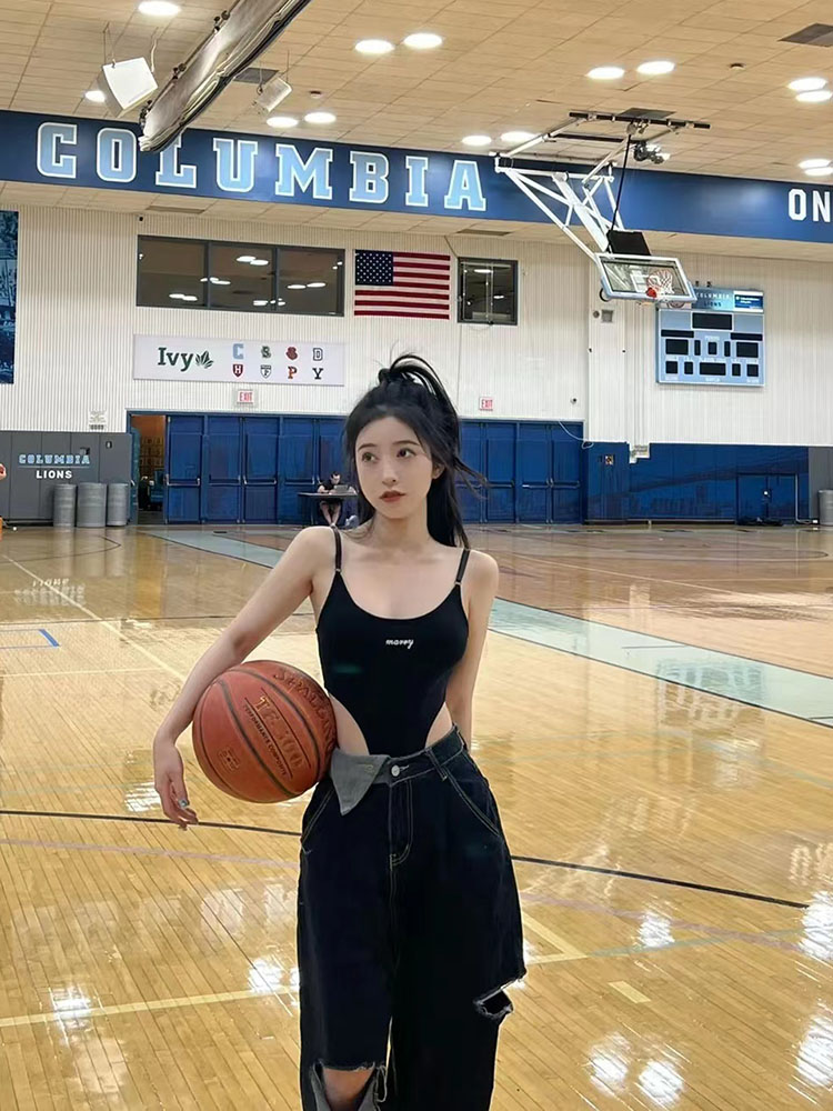 性感纯欲高叉露腰吊带背心